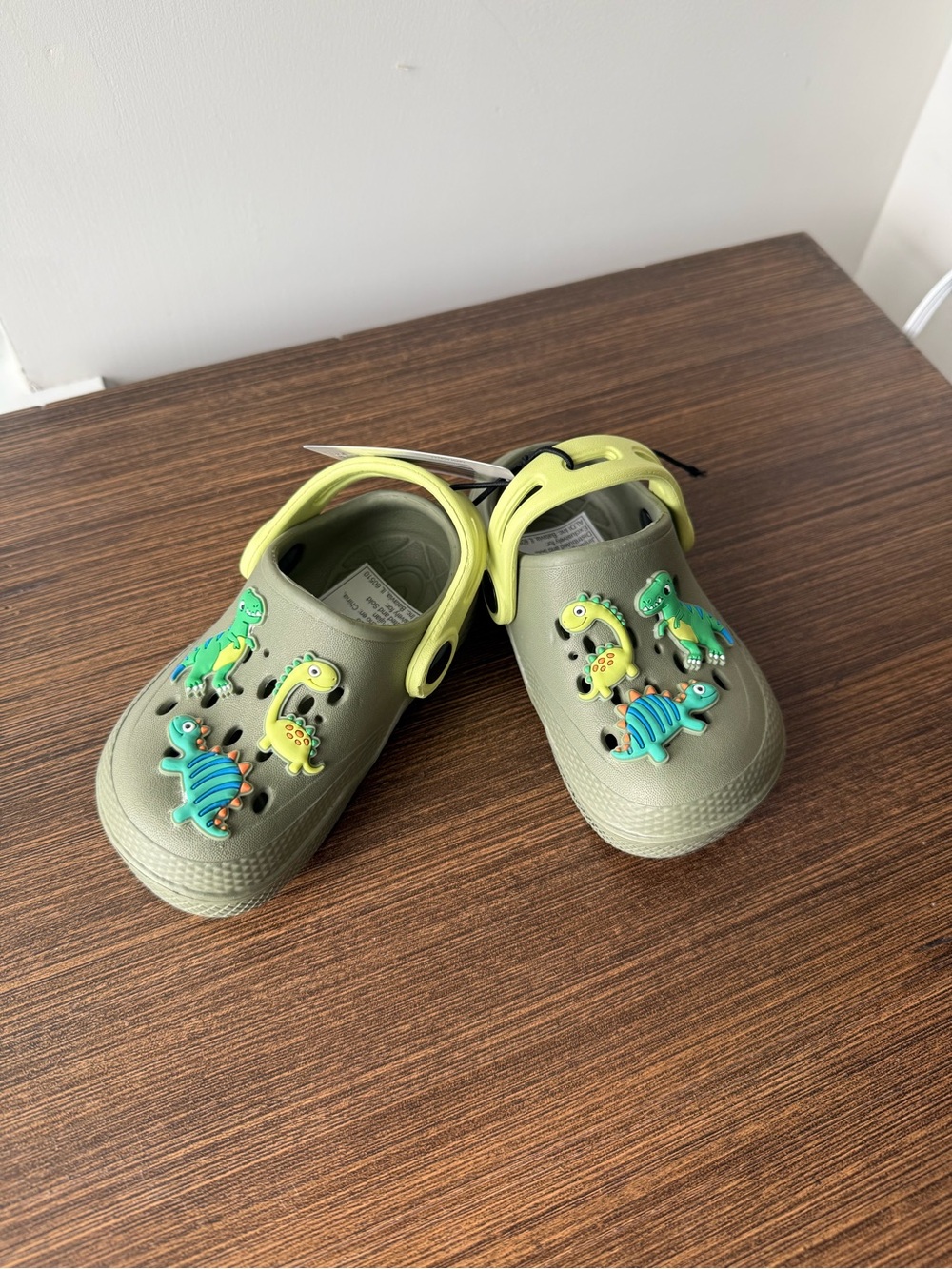 Kids Olive Green Water Shoes with Yellow Strap and Dinosaur Charms